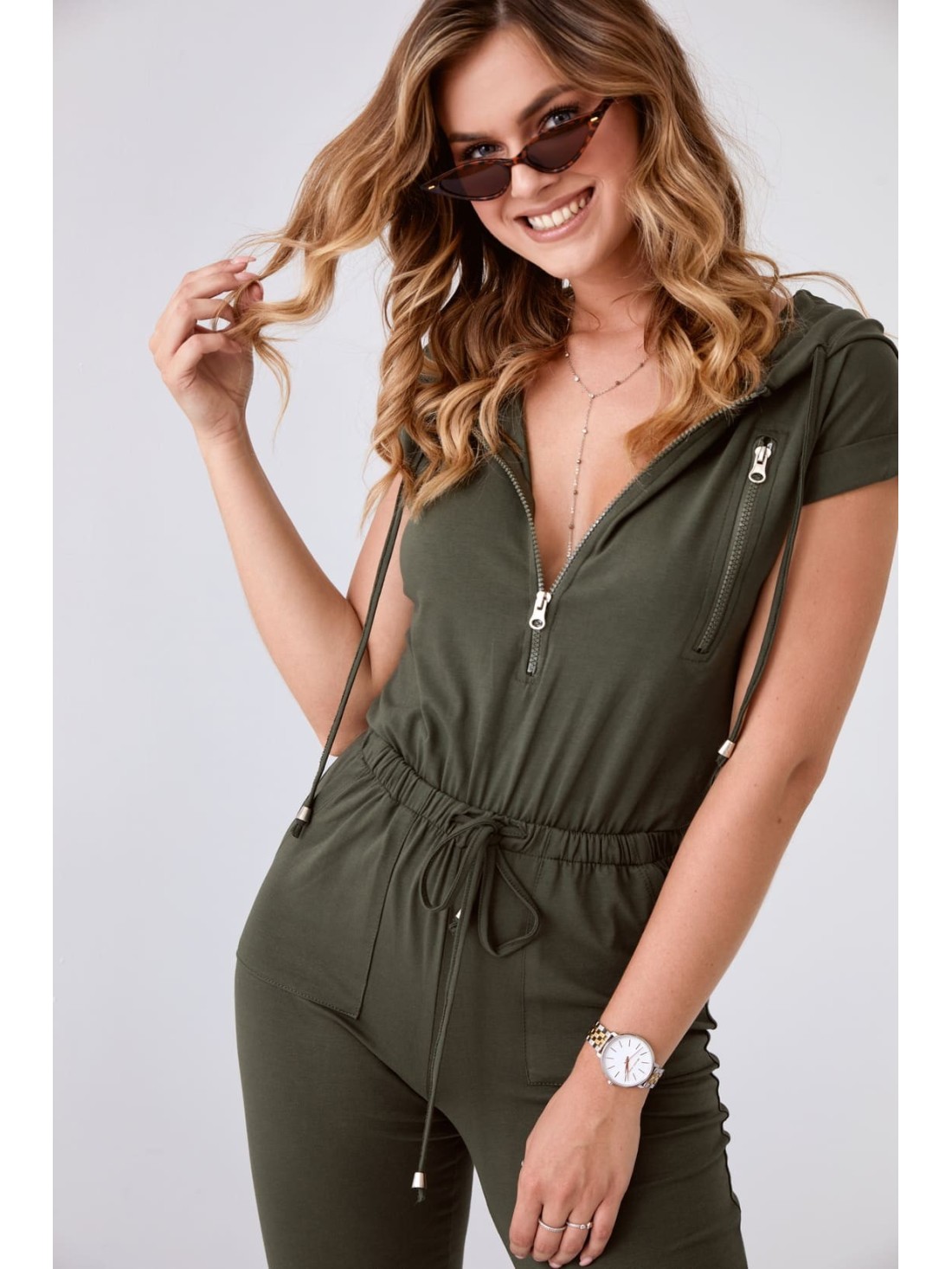 Women\'s khaki hooded jumpsuit FK622 - Online store - Boutique